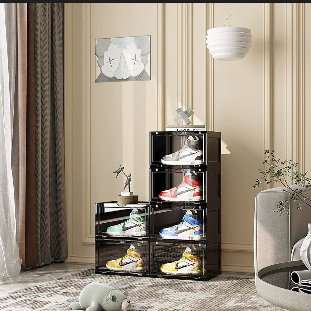 SOGA 5 Tier Black Portable Shoe Organiser Sneaker Footwear Folding Plastic Bin Stackable Storage Box with Magnetic Door