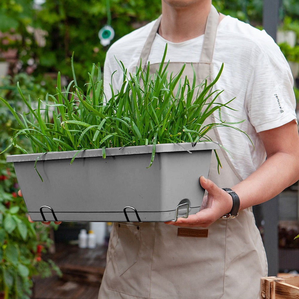 SOGA 49.5cm Gray Rectangular Planter Vegetable Herb Flower Outdoor Plastic Box with Holder Balcony Garden Decor Set of 3