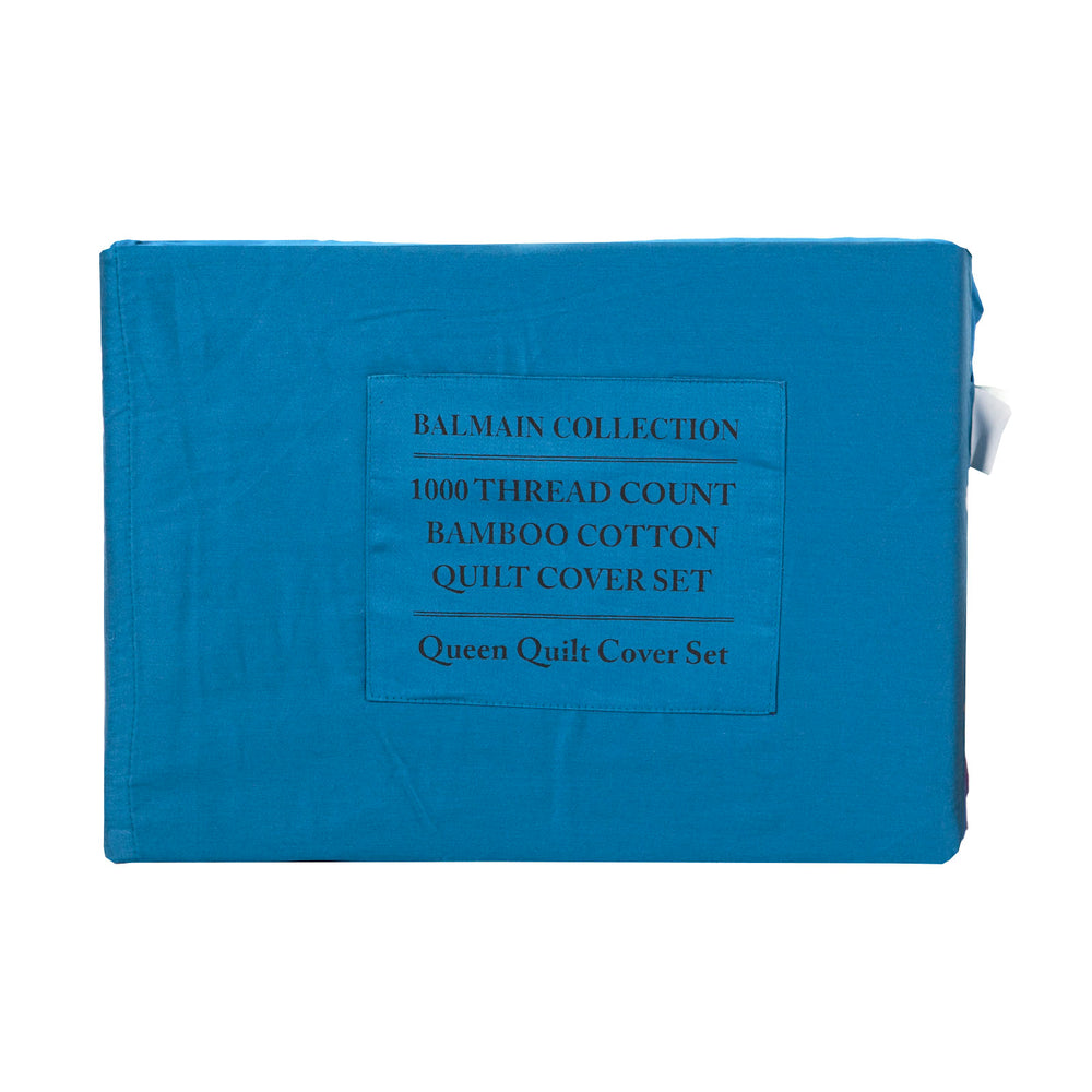 Balmain 1000 Thread Count Hotel Grade Bamboo Cotton Quilt Cover Pillowcases Set Queen Mineral Blue