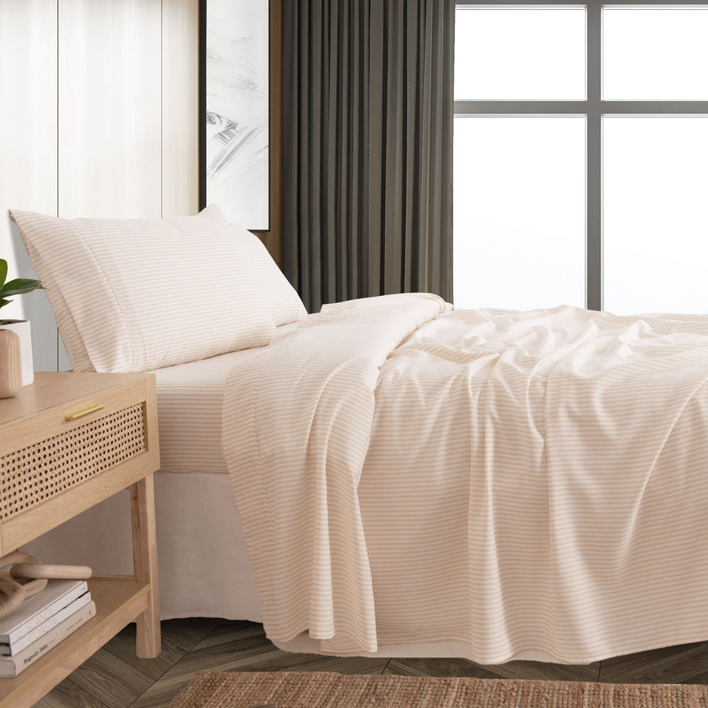 Royal Comfort Stripes Linen Blend Sheet Set Bedding Luxury Breathable Ultra Soft Queen Beige