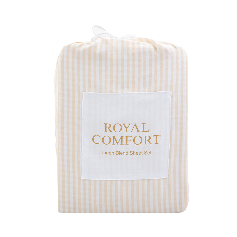 Royal Comfort Stripes Linen Blend Sheet Set Bedding Luxury Breathable Ultra Soft Queen Beige