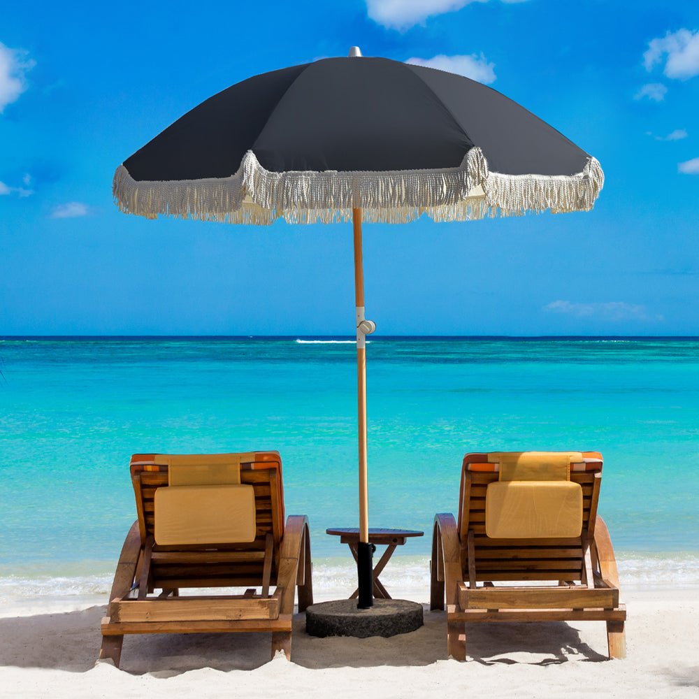 Havana Outdoors Beach Umbrella Portable 2 Metre Fringed Garden Sun Shade Shelter One Size Vintage Black