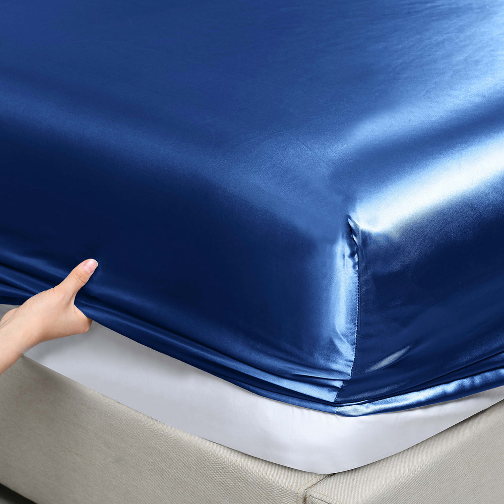 Royal Comfort Satin Sheet Set 3 Piece Fitted Sheet Pillowcase Soft Silky Smooth Queen Navy Blue