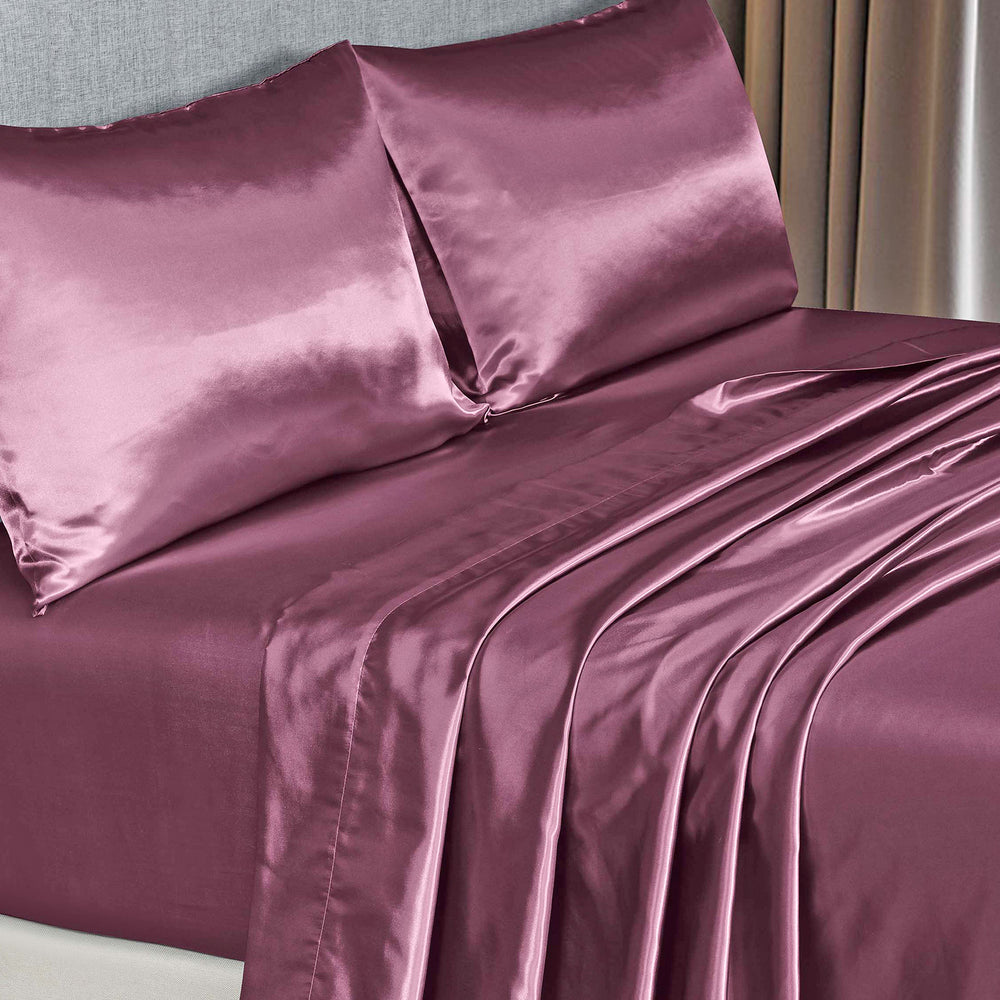 Royal Comfort Satin Sheet Set 4 Piece Fitted Flat Sheet Pillowcases Silky Smooth King Malaga Wine