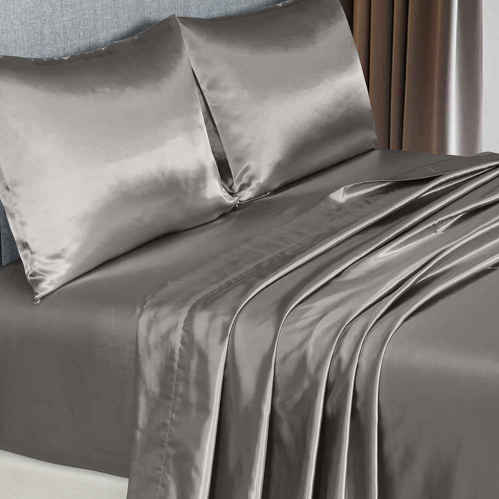 Royal Comfort Satin Sheet Set 4 Piece Fitted Flat Sheet Pillowcases Silky Smooth King Charcoal