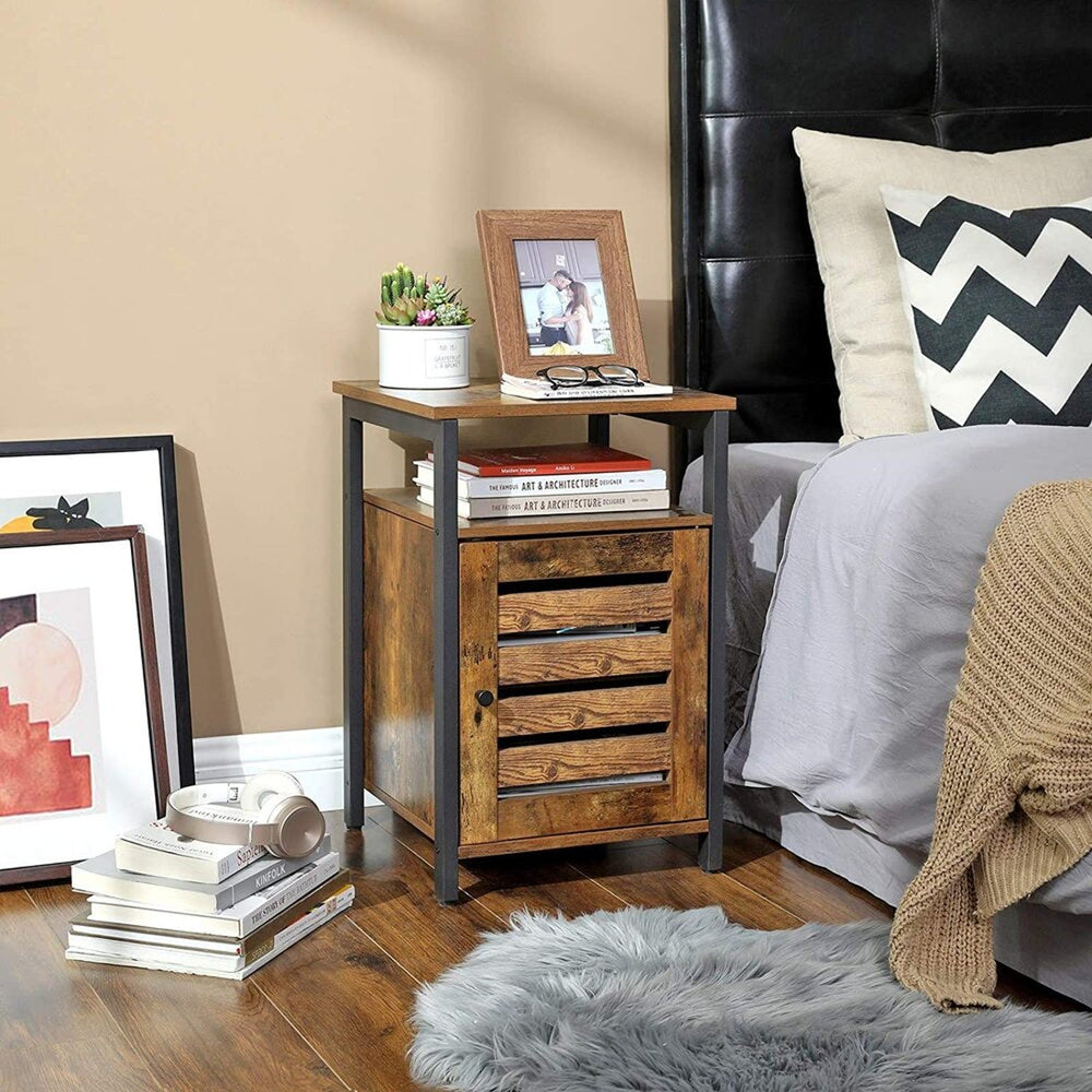 VASAGLE Industrial Style Rustic Brown and Black Nightstand with 2 Shelves and Steel Frame
