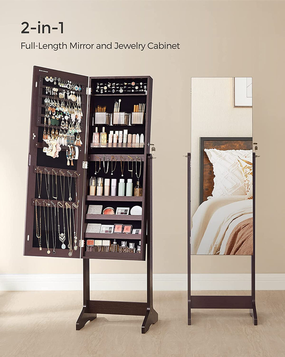 SONGMICS Jewelry Cabinet Armoire with Full-Length Frameless Mirror Brown