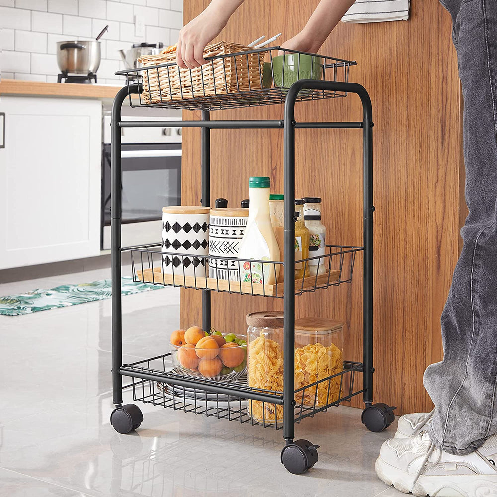SONGMICS 3-Tier Metal Rolling Cart on Wheels with Removable Shelves Black