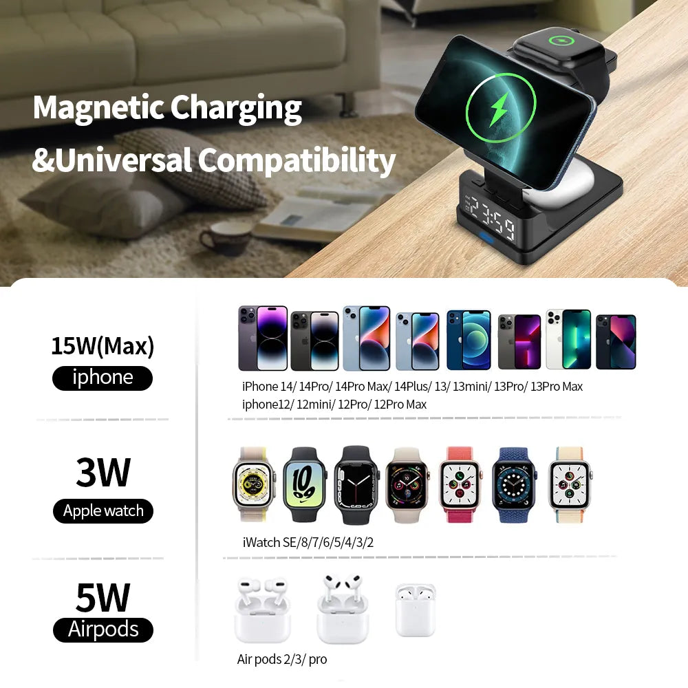 4 in 1 Fast Charging Wireless Charger Stand for iPhone 12 13 14 Pro Max Airpods Apple Watch 15W Magsafe Quick Charg Alarm Clock