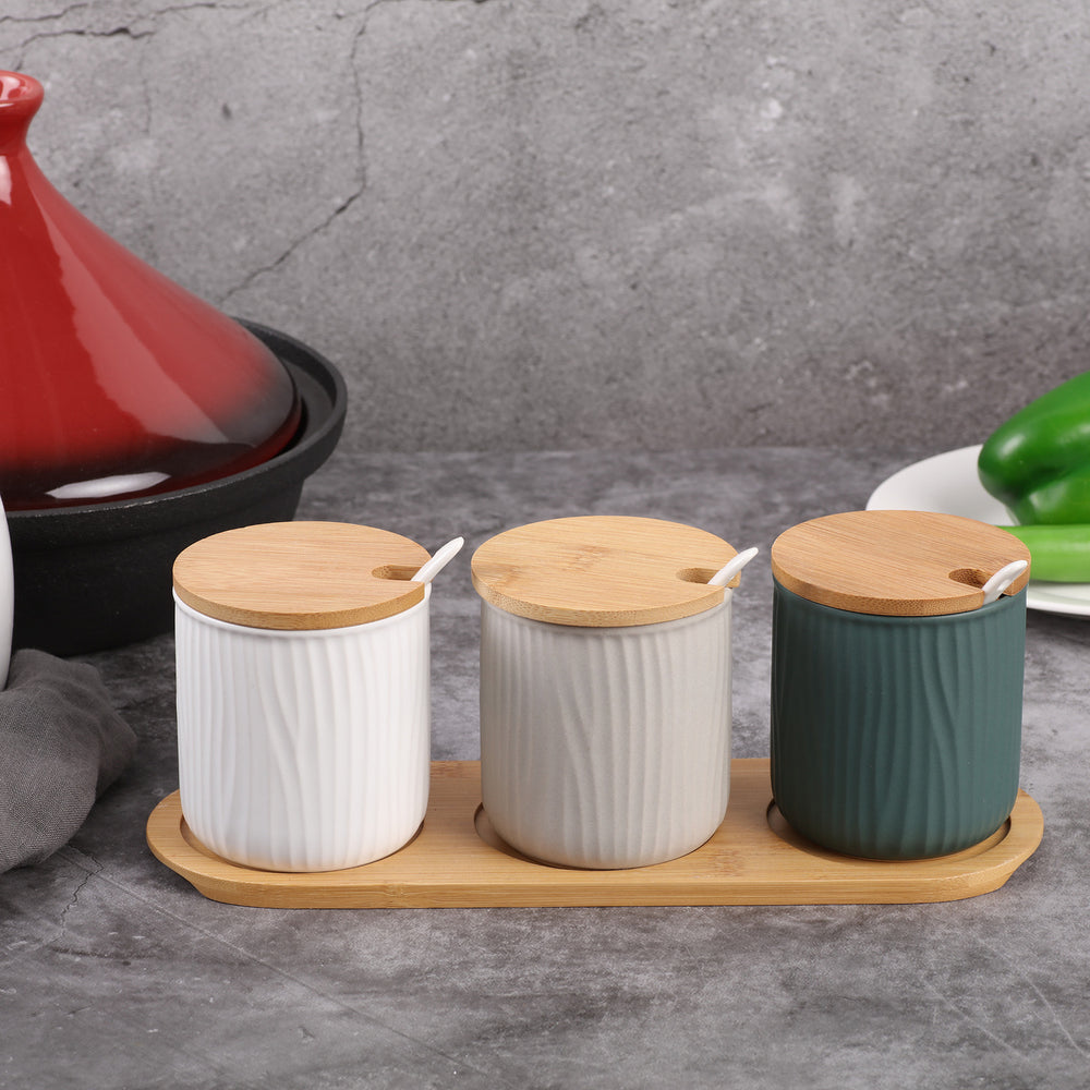 Sherwood Home Round Ceramic Bamboo Seasoning Jar Set - Green, White, Beige - 28.5x9.5x10cm