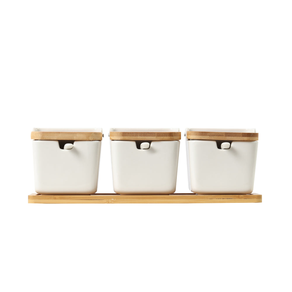Sherwood Home Ceramic Bamboo Spice and Seasoning Jar Set - Bamboo and White - 32x9.5x10cm