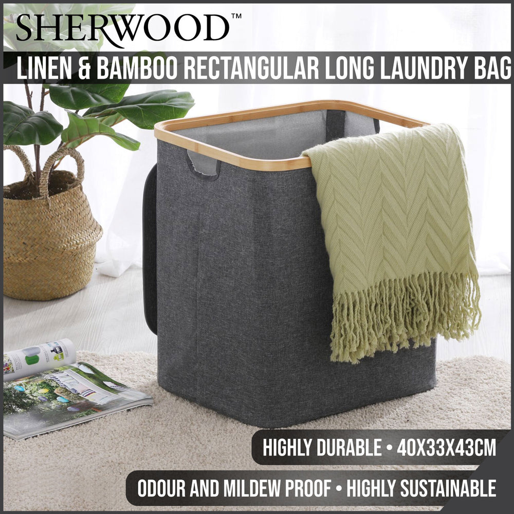 Sherwood Home Linen &amp; Bamboo Rectangular Short Laundry Bag With Cover 40X33X43Cm