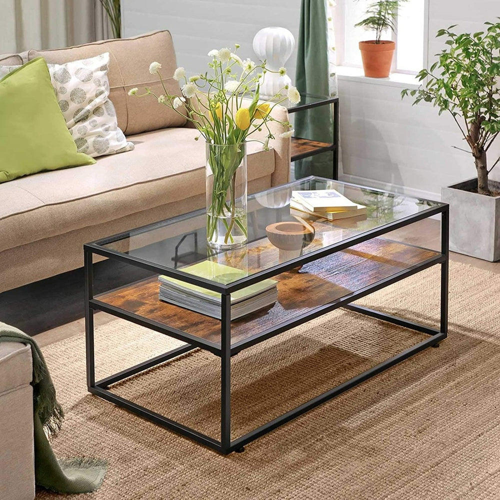 VASAGLE Coffee Table Glass Top Rustic Brown and Black