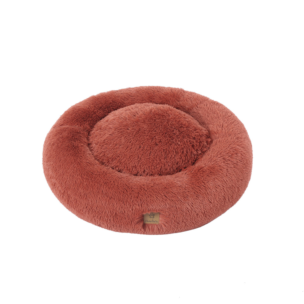 Charlie&#39;s Shaggy Faux Fur Donut Calming Pet Nest Bed Terracotta Medium