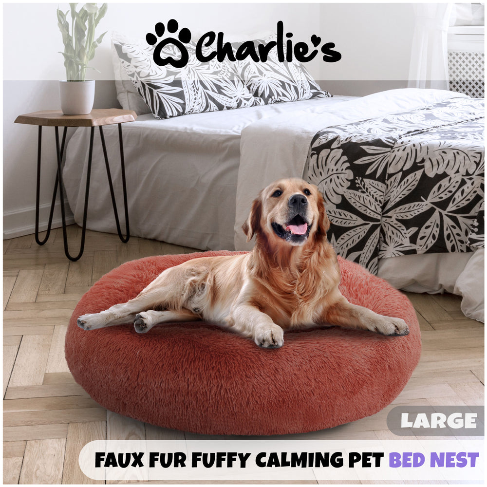 Charlie&#39;s Shaggy Faux Fur Donut Calming Pet Nest Bed Terracotta Large