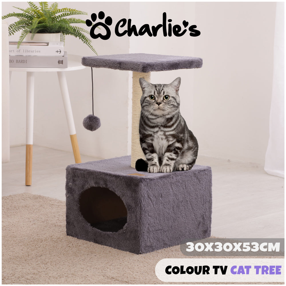 Charlie&#39;s TV Cat Tree Scratcher Cubby with Pom Pom Toy Grey
