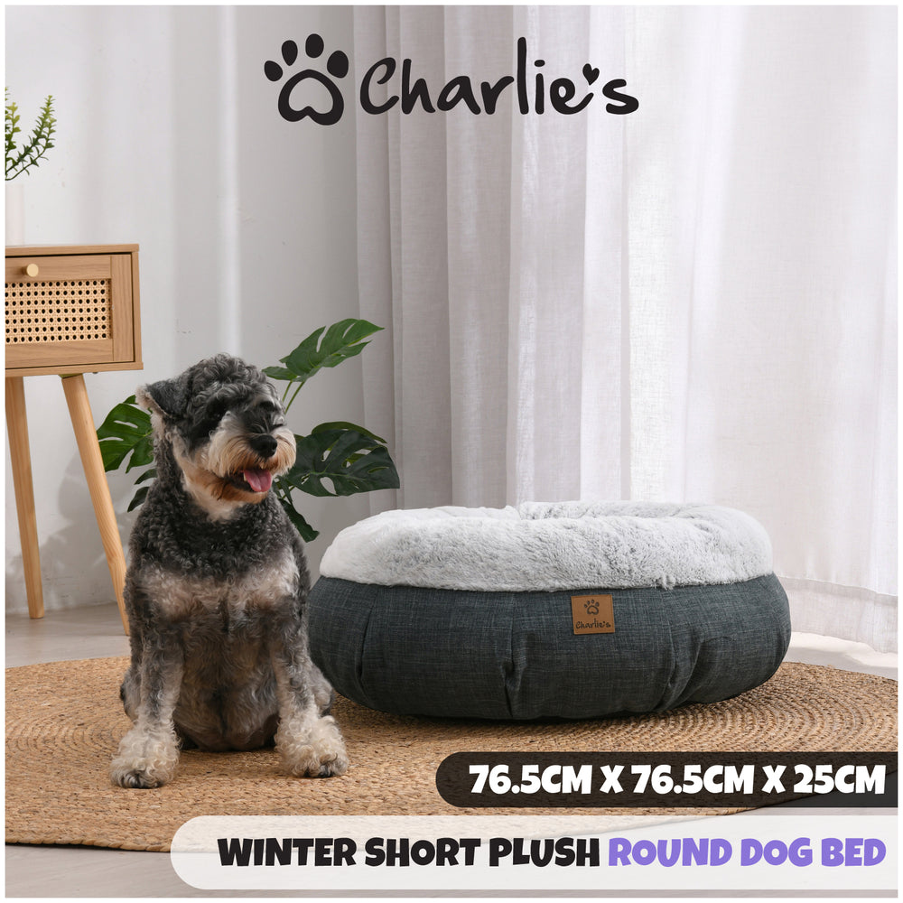 Charlie&#39;s Aspen Luxury Plush Faux Linen Round Donut Pet Bed Medium