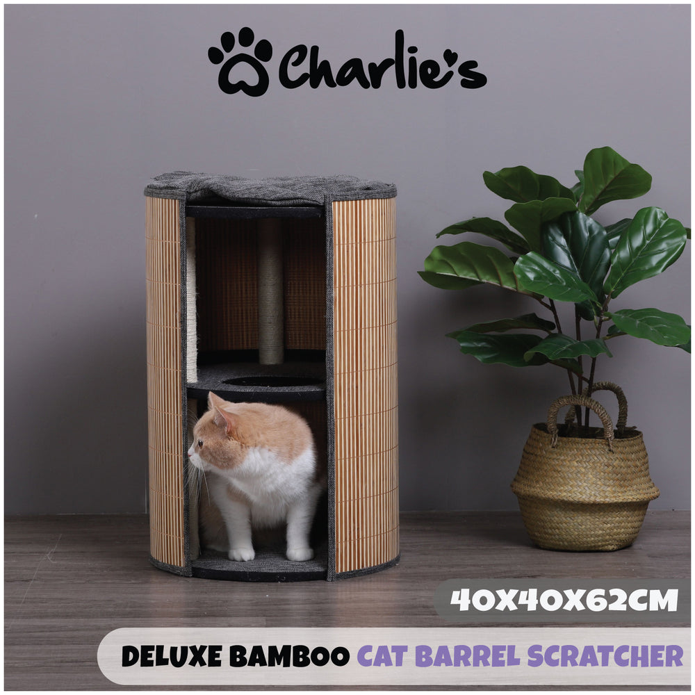 Charlie&#39;s Deluxe Bamboo Detachable Cat Barrel Scratcher Small Two Level