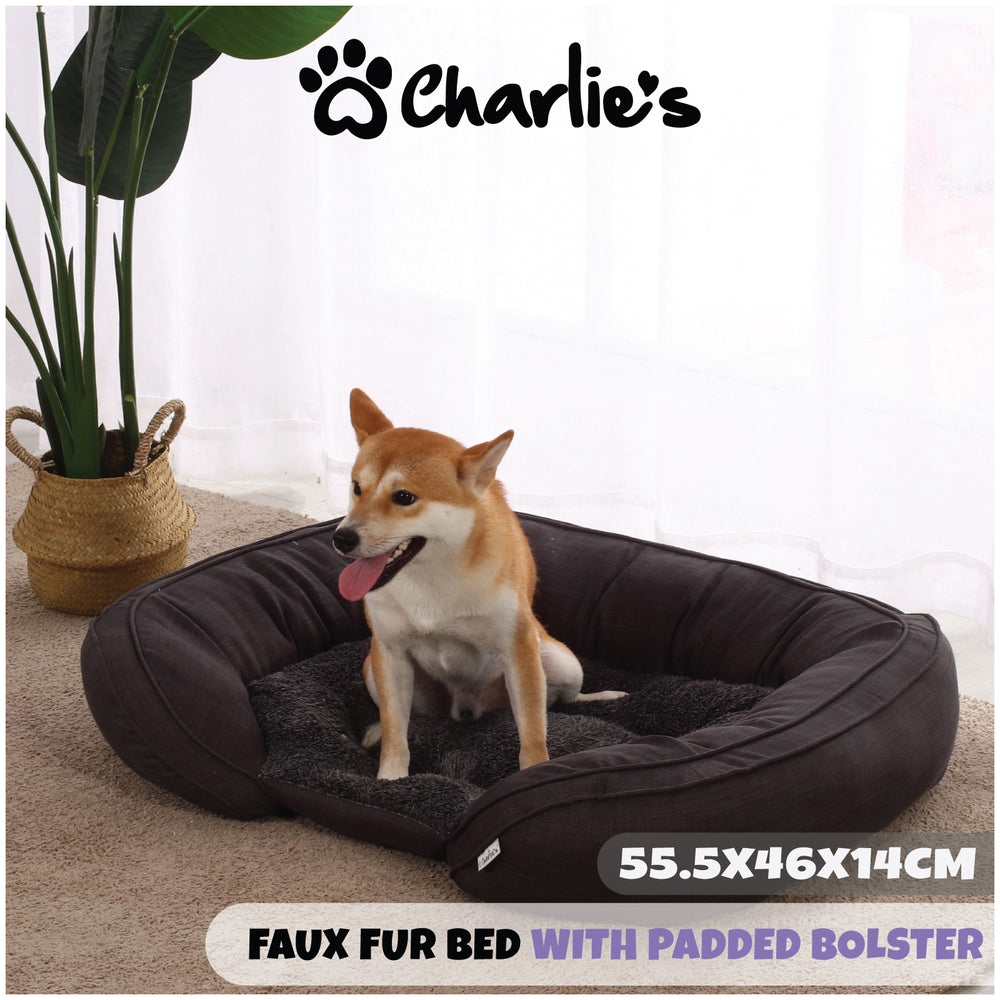 Charlie&#39;s Oxford Faux Fur Pet Bed with Padded Bolster Grey 50.5*40.5*12.5cm