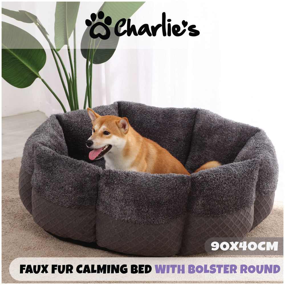Charlie&#39;s Pet Faux Fur Calming Bed With Bolster Round Grey D90*40Cm