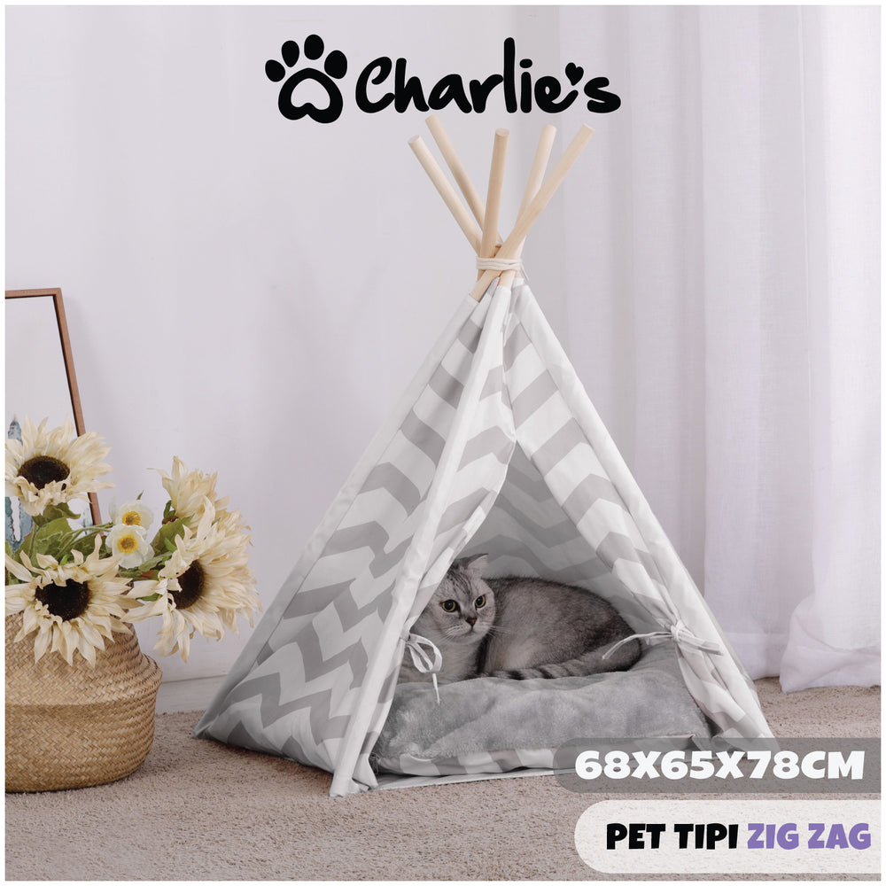 Charlie&#39;s Pet Teepee Tent Zig Zag Grey Medium