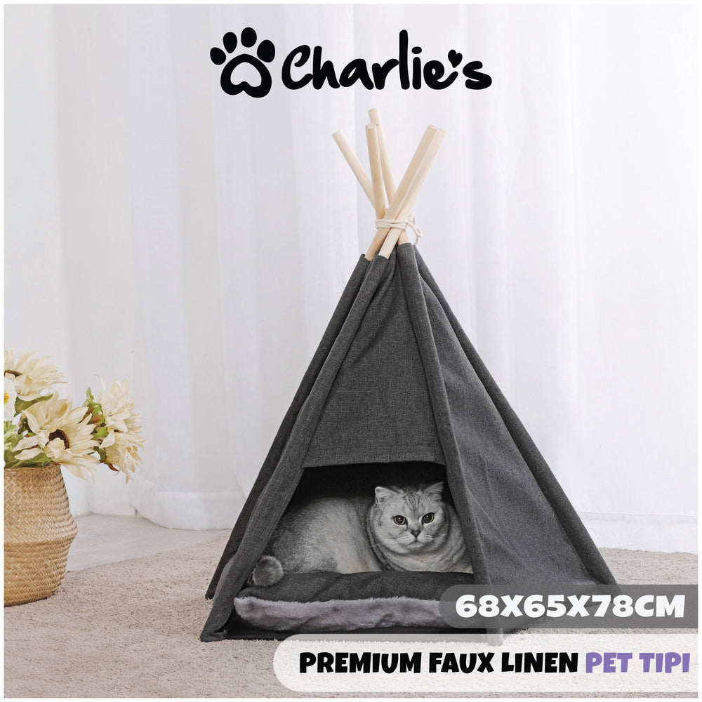 Charlie&#39;s Premium Faux Linen Pet Teepee Tent Charcoal Medium