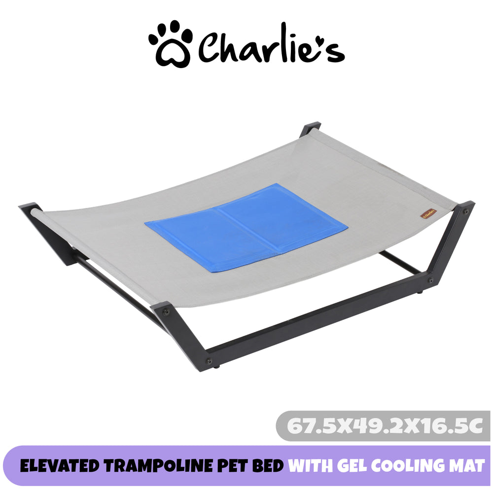 Charlie&#39;s Elevated Steel Hammock Cooling Dog Bed with Gel Mat Grey 67.5x49.2x16.5cm