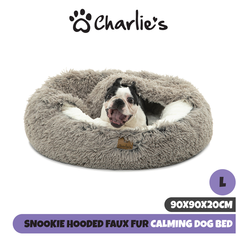 Charlie&#39;s Snookie Hooded Faux Fur Calming Dog Bed Grey Large