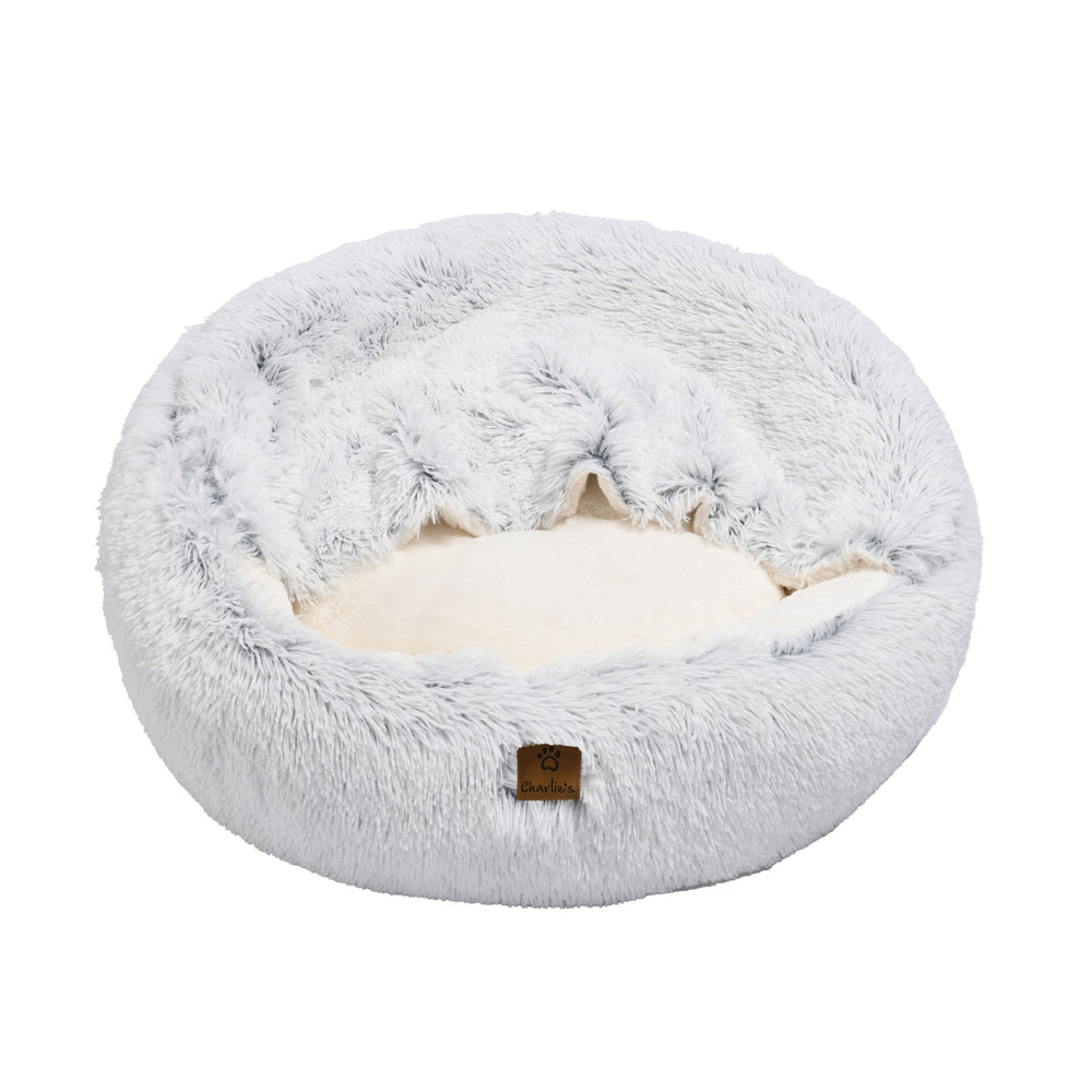 Charlie&#39;s Snookie Hooded Faux Fur Calming Dog Bed White Large