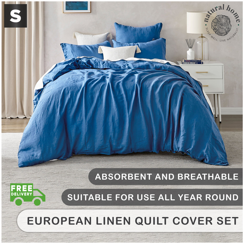 Natural Home Linen 100% European Flax Linen Quilt Cover Set - Deep Blue - Single Bed