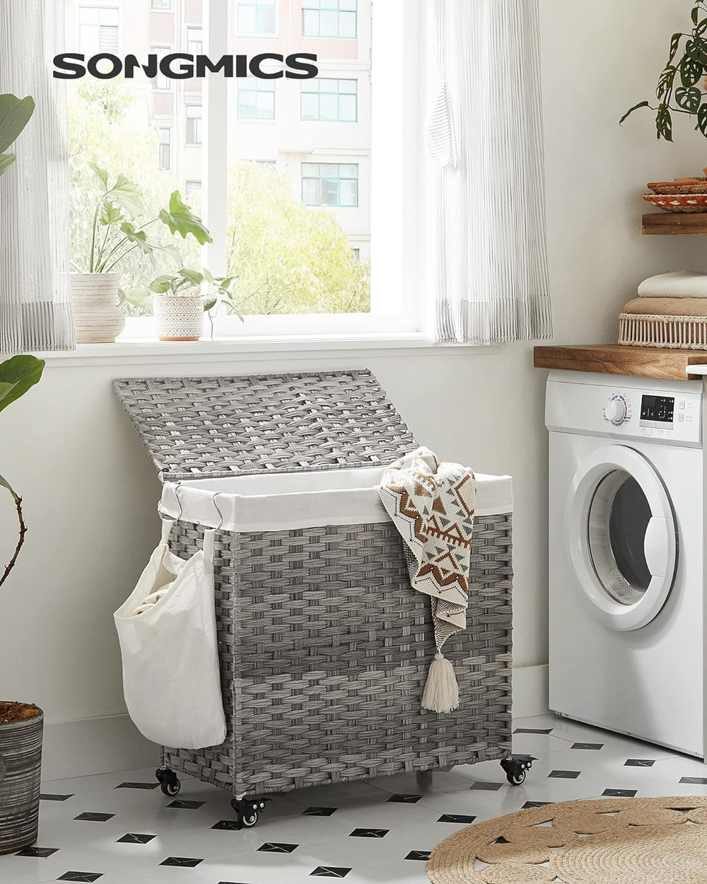 SONGMICS 3-Section Laundry Hamper Removable Liner with Lid and Wheels 140L Grey