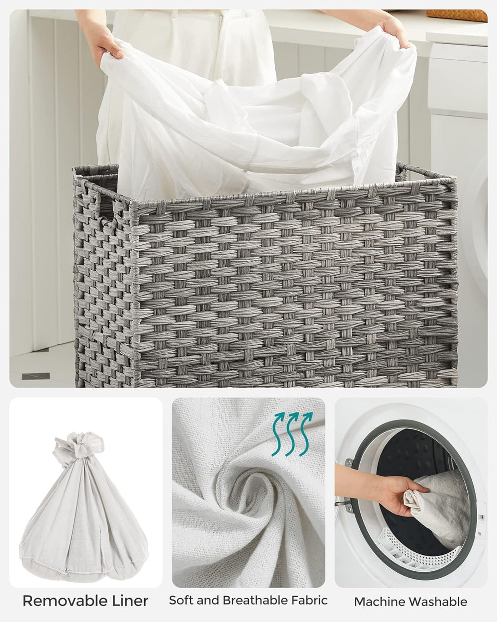 SONGMICS 3-Section Laundry Hamper Removable Liner with Lid and Wheels 140L Grey