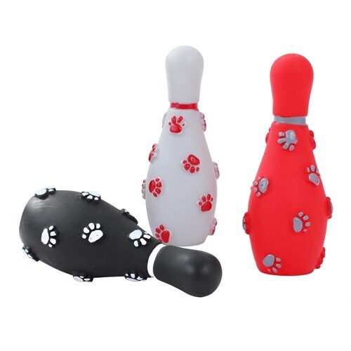 Paws &amp; Claws Vinyl Bowling Squeaky Toy Pin Clip Strip 15x6cm Assorted