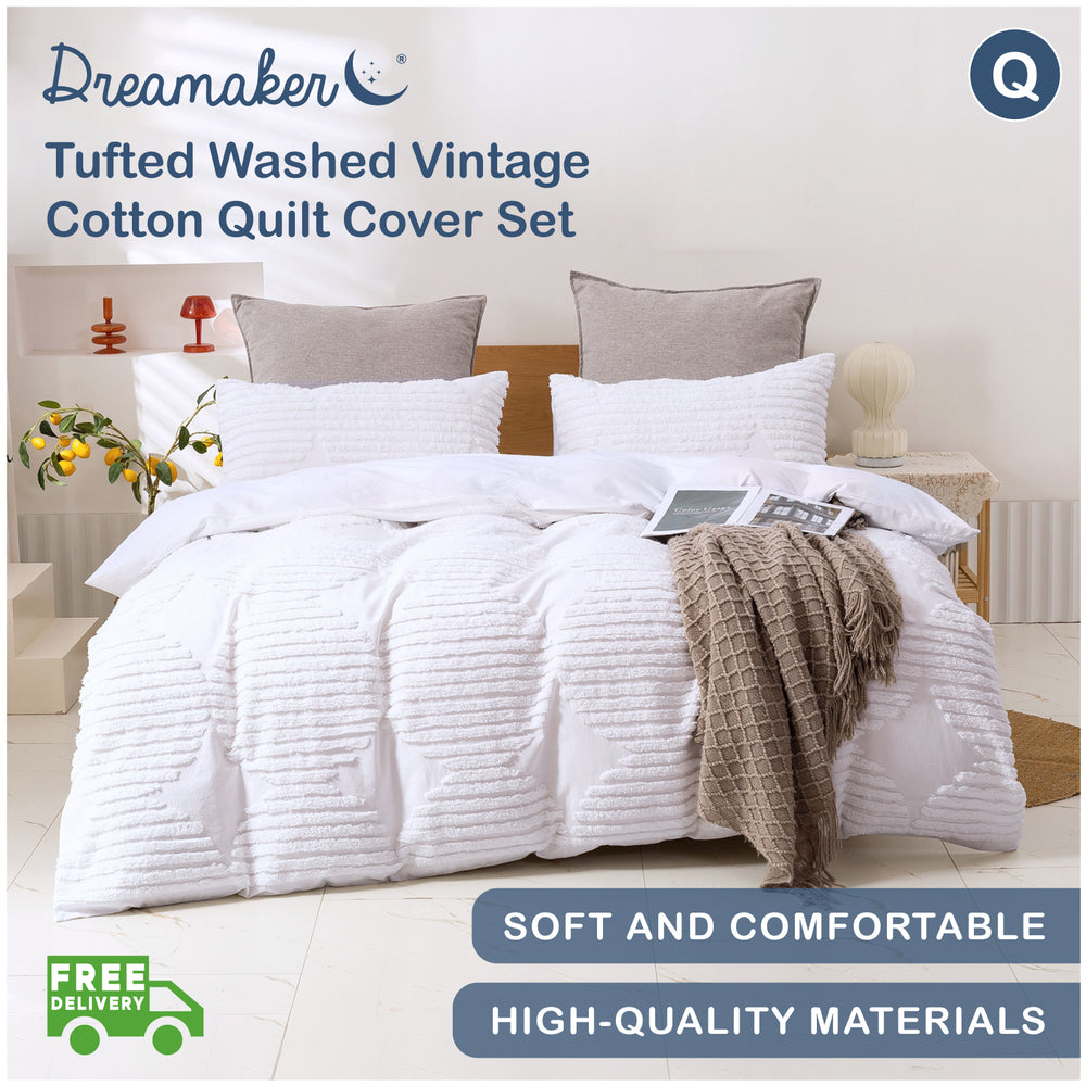 Dreamaker Cotton Vintage Washed Tufted Quilt Cover Set - Darvo - Queen Bed