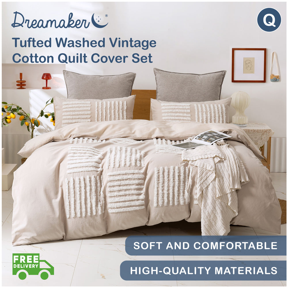 Dreamaker Cotton Vintage Washed Tufted Quilt Cover Set - Salma - Queen Bed