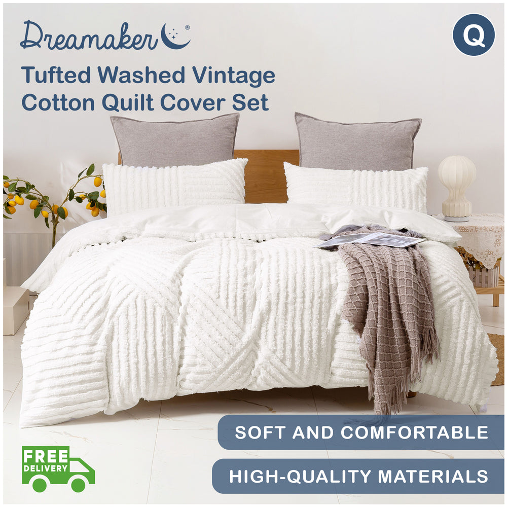 Dreamaker Cotton Vintage Washed Tufted Quilt Cover Set - Evie - Queen Bed