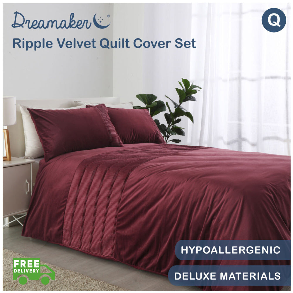 Dreamaker Ripple Velvet Quilt Cover Set Queen Bed Red Wine