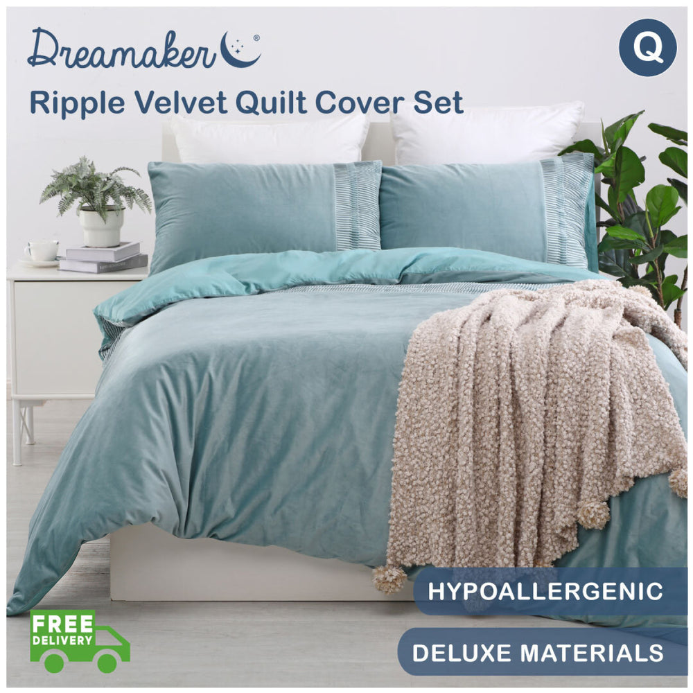 Dreamaker Ripple Velvet Quilt Cover Set Queen Bed Aqua
