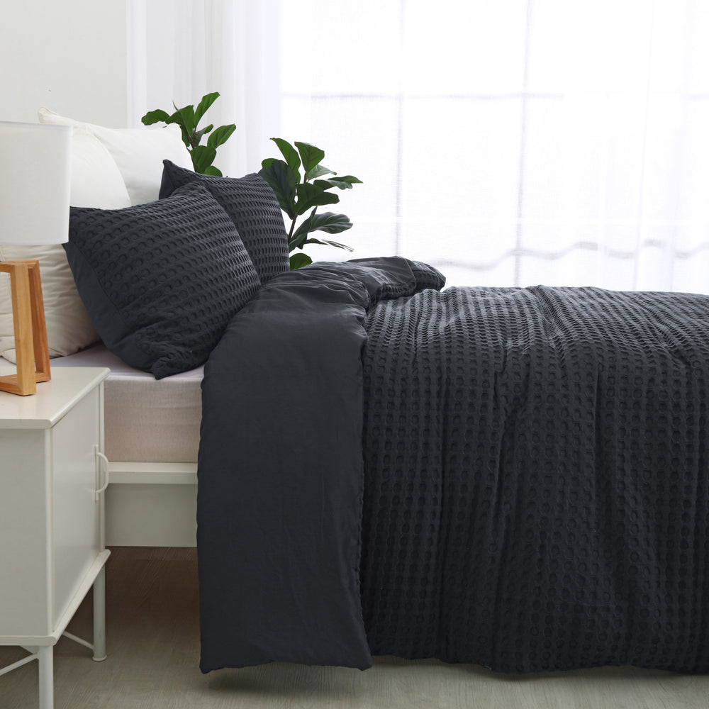 Dreamaker Cotton Waffle Quilt Cover Set Queen Bed Charcoal