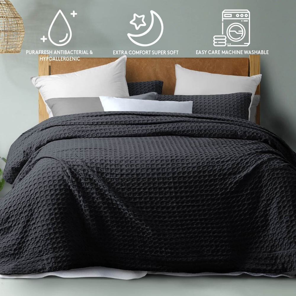 Dreamaker Cotton Waffle Quilt Cover Set Queen Bed Charcoal