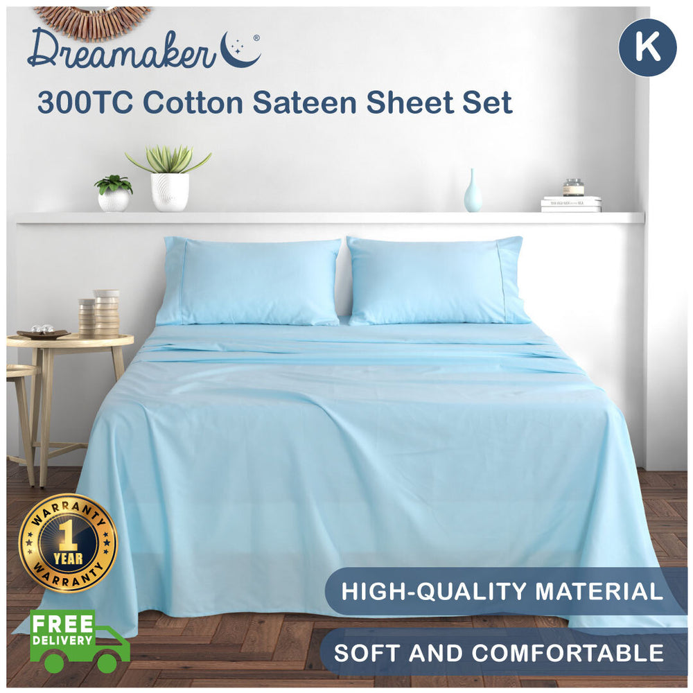 Dreamaker 300Tc Cotton Sateen Sheet Set King Bed - Sky Blue