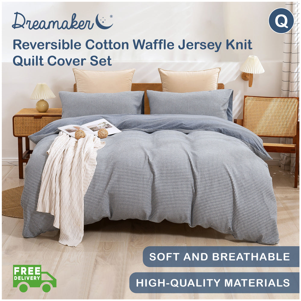 Dreamaker Reversible Cotton Waffle Jersey Knit Quilt Cover Set Queen Bed Charcoal