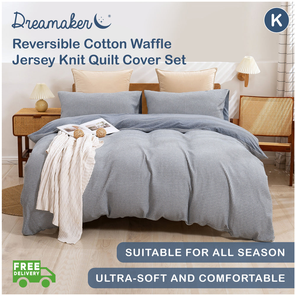 Dreamaker Reversible Cotton Waffle Jersey Knit Quilt Cover Set King Bed Charcoal
