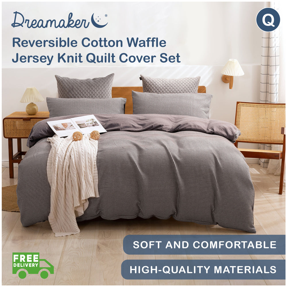 Dreamaker Reversible Cotton Waffle Jersey Knit Quilt Cover Set Queen Bed Latte
