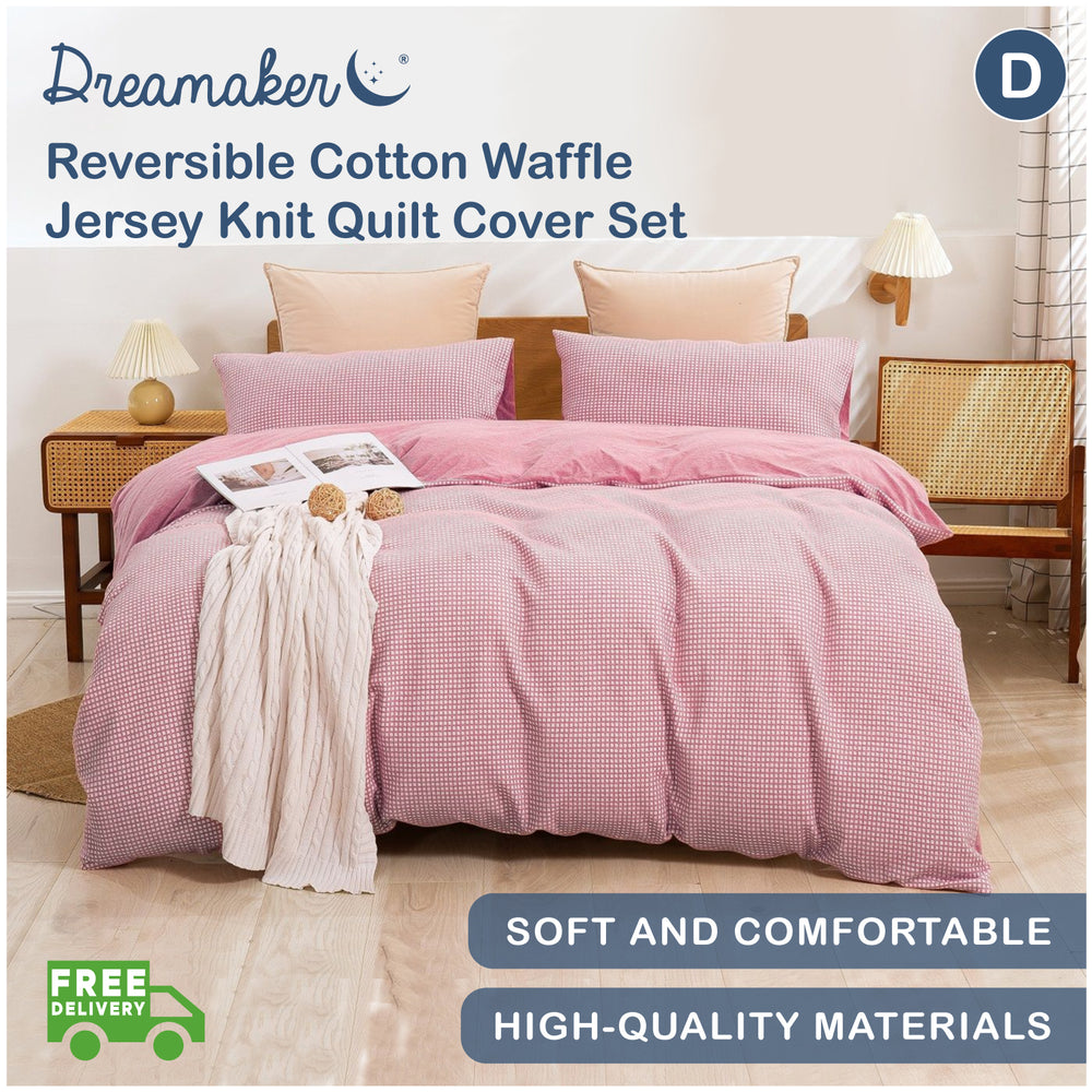 Dreamaker Reversible Cotton Waffle Jersey Knit Quilt Cover Set Double Bed Blush