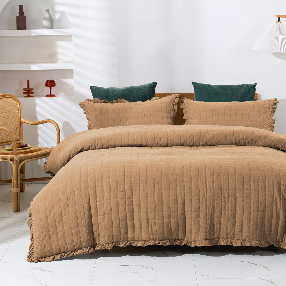 Dreamaker Premium Quilted Sand Wash Quilt Cover Set Rust Queen Bed