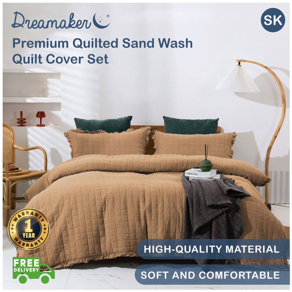 Dreamaker Premium Quilted Sand Wash Quilt Cover Set Rust Super King Bed
