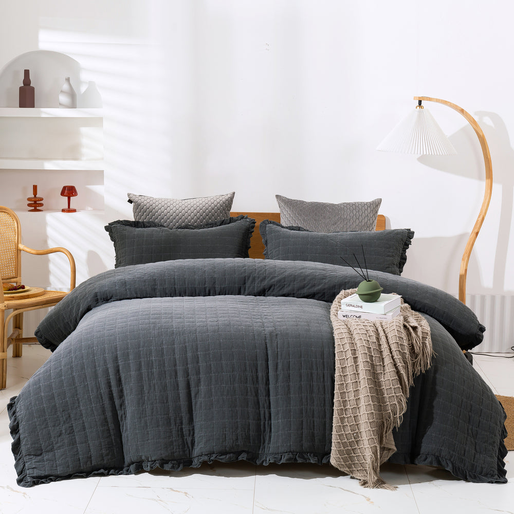 Dreamaker Premium Quilted Sand Wash Quilt Cover Set Charcoal Queen Bed