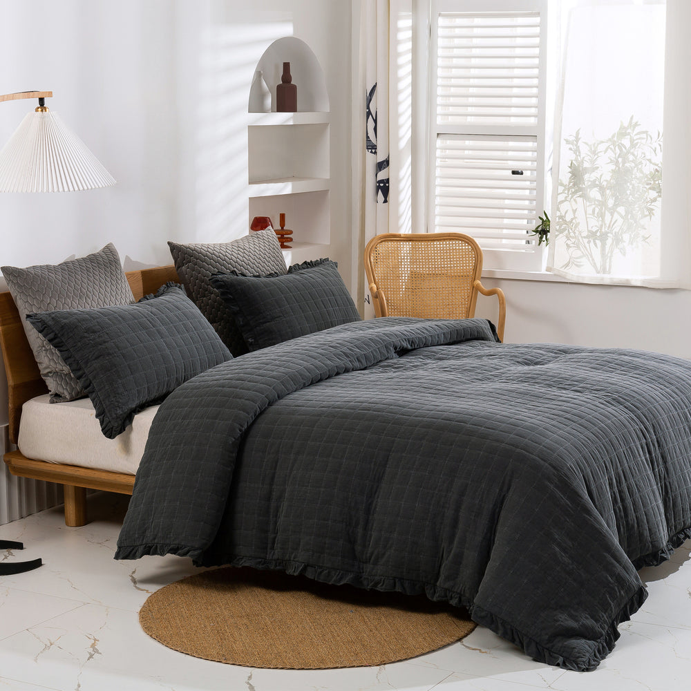 Dreamaker Premium Quilted Sand Wash Quilt Cover Set Charcoal Queen Bed