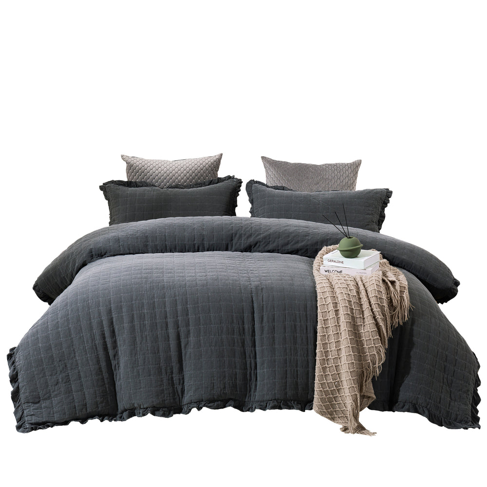 Dreamaker Premium Quilted Sand Wash Quilt Cover Set Charcoal Super King Bed